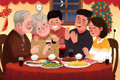 A cartoon drawing of a family of 5 is having fish, cucumber salad, Hainanese chicken, barbeque pork, and rice at a table.