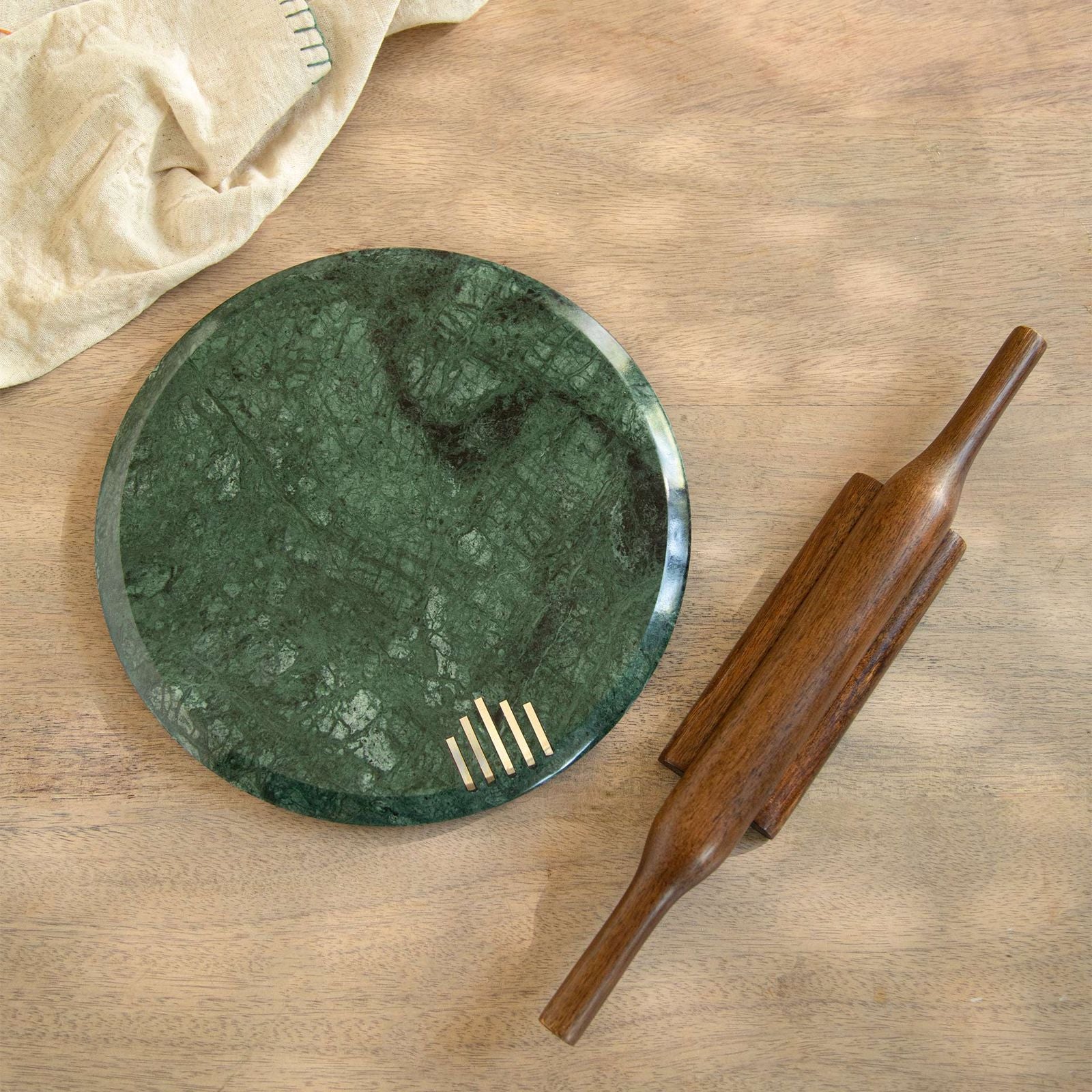 BZAAR Verde Marble Chakla Wooden Belan with Wooden Stand Set