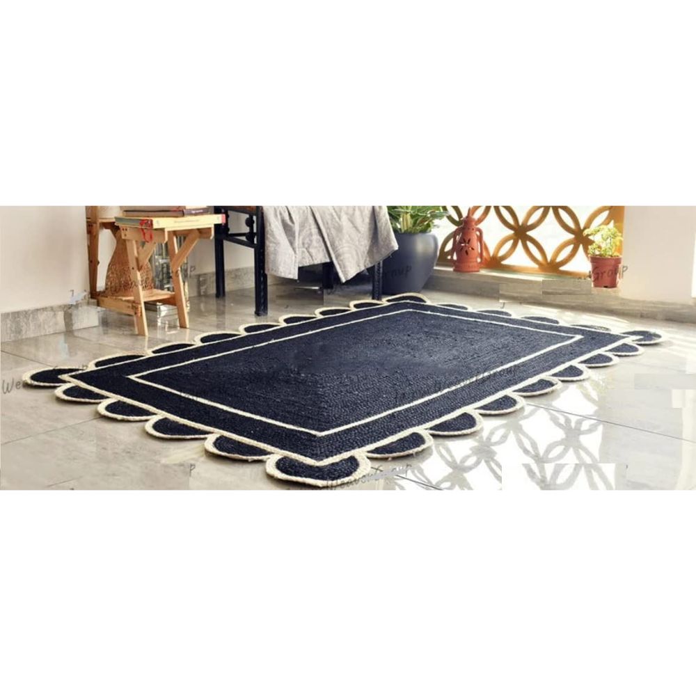 BZAAR White Border Blue Scallop Boho Decor Handmade Rectangle Jute Rug
