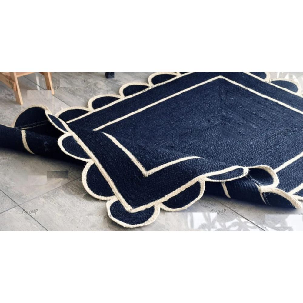 BZAAR White Border Blue Scallop Boho Decor Handmade Rectangle Jute Rug