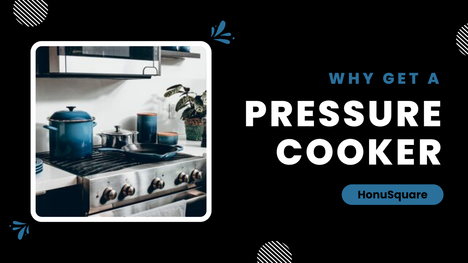 A blue pressure cooker, along with several other pots are sitting on top of a stove. 