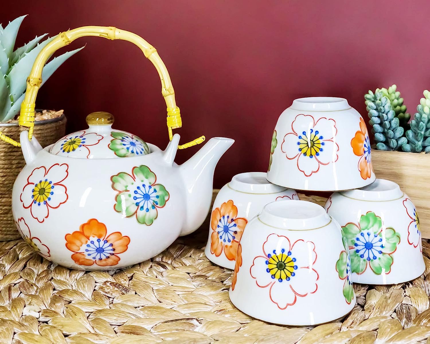 Ebros Gift Tea Pot and Cups. 22-Ounce