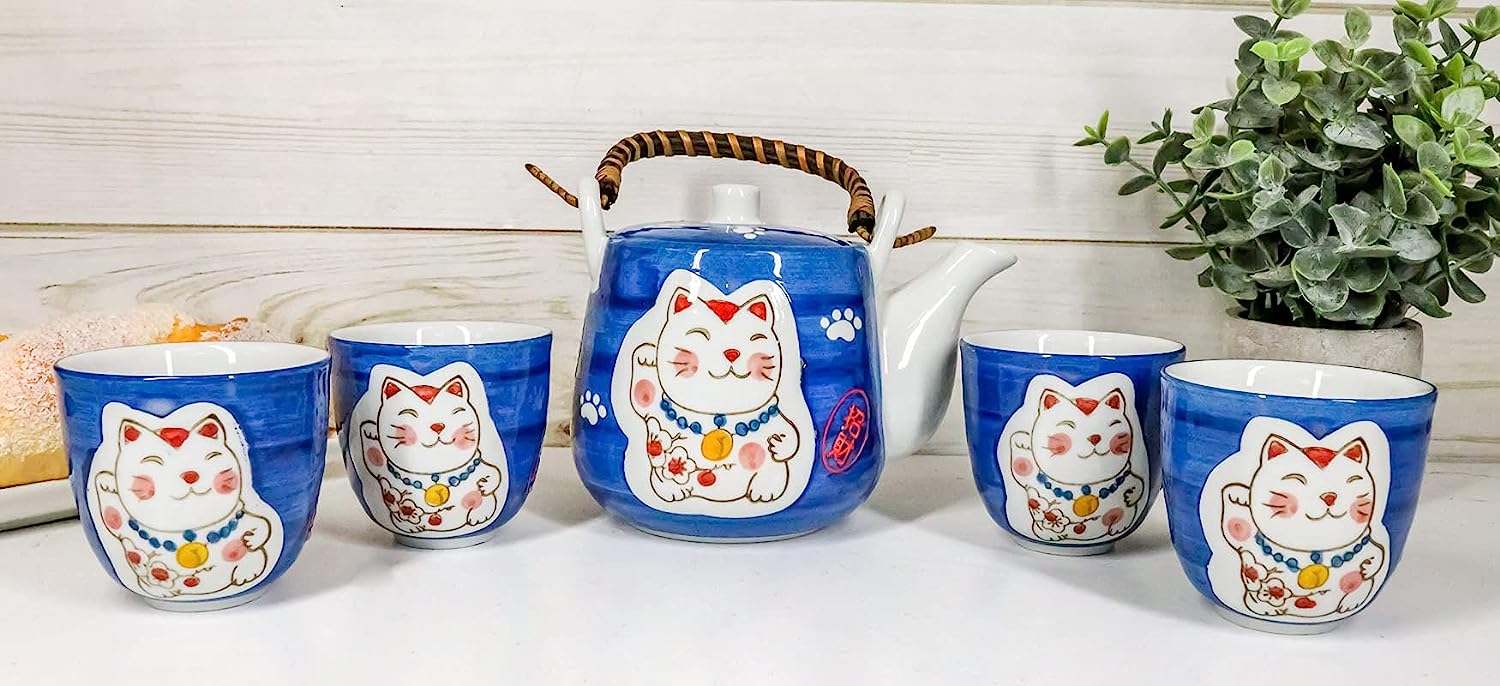 Ebros Gift Ceramic Tea Pot and Cups Set, 20-Ounce