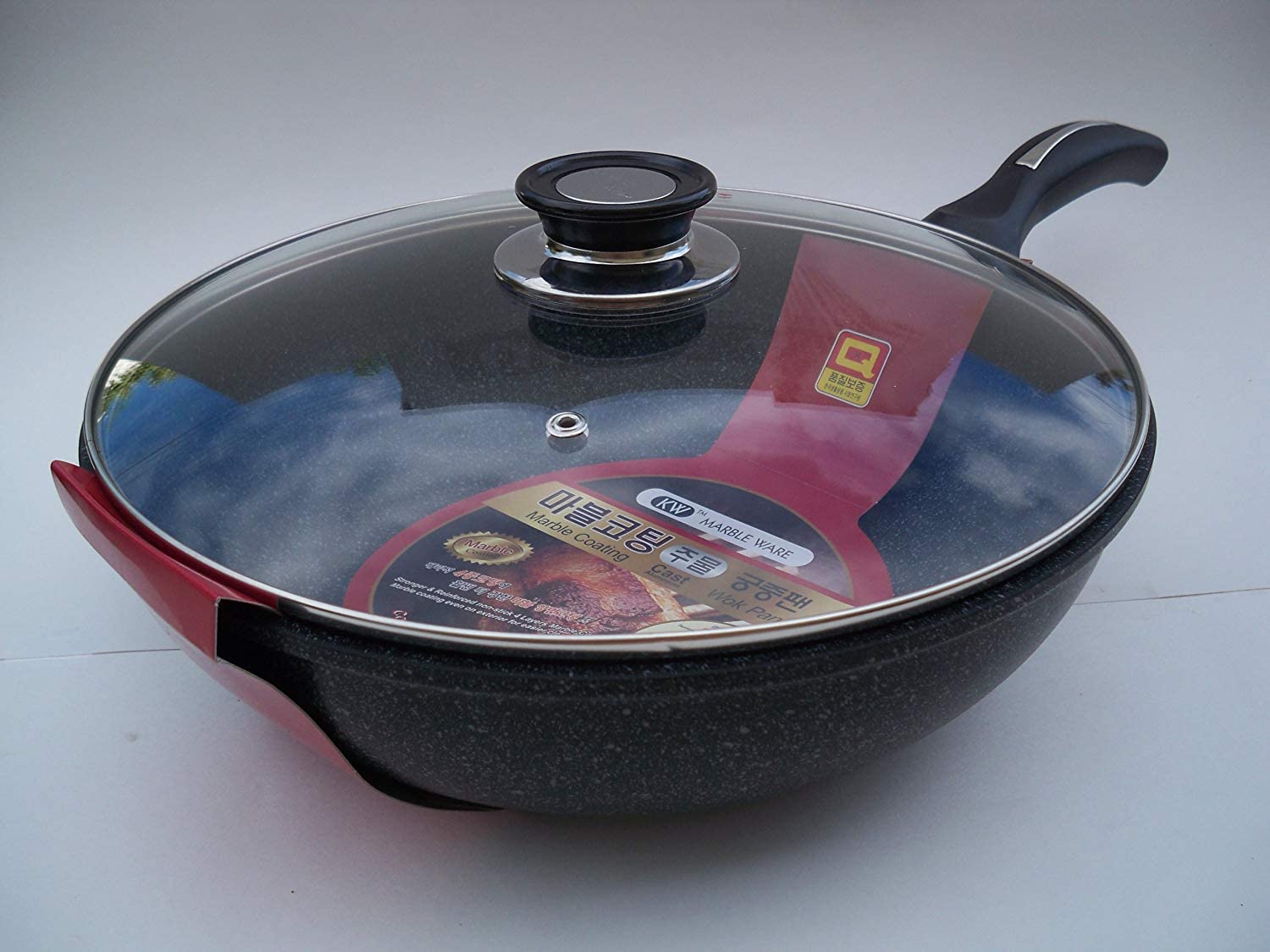 M.V. Trading Ceramic Marble Coated Cast Aluminium Non Stick Stir Fry Wok With Glass Lid